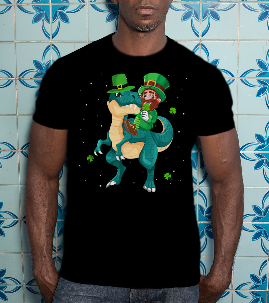 Leprechaun Riding Rex Dinosaur With Shamrocks And Stars T-Shirt