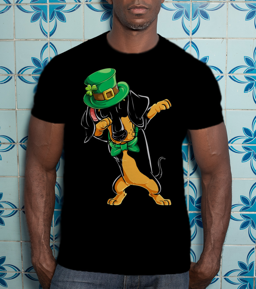 St. Patrick's Day Dabbing Dachshund With Green Hat And Bowtie T-Shirt