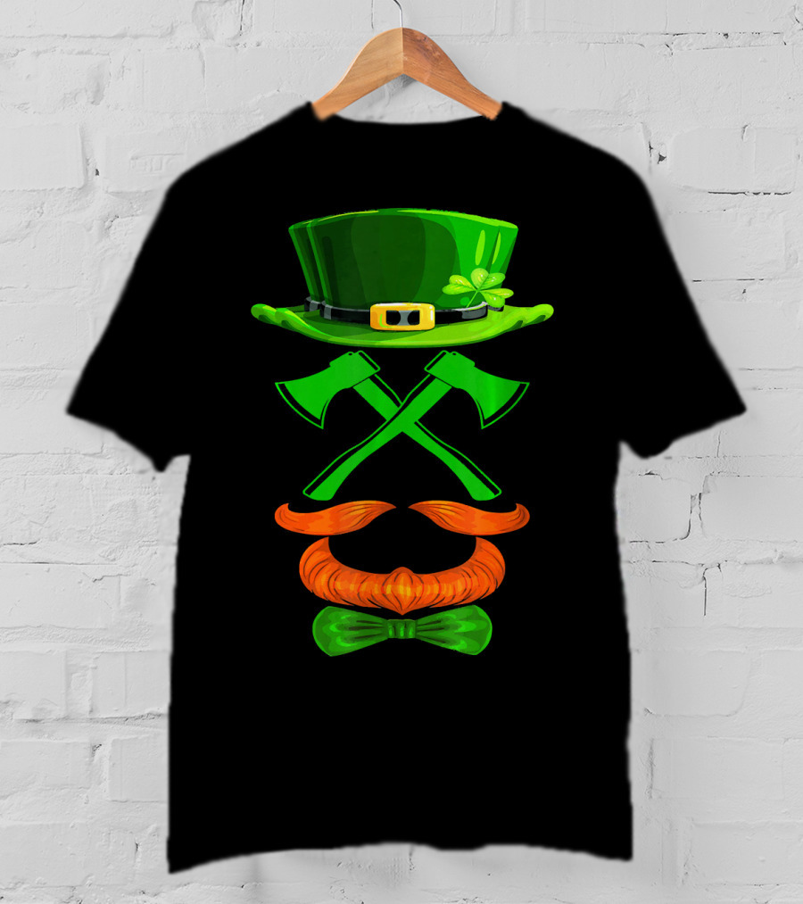 Leprechaun Hat And Crossed Axes With Orange Beard And Bow Tie T-Shirt