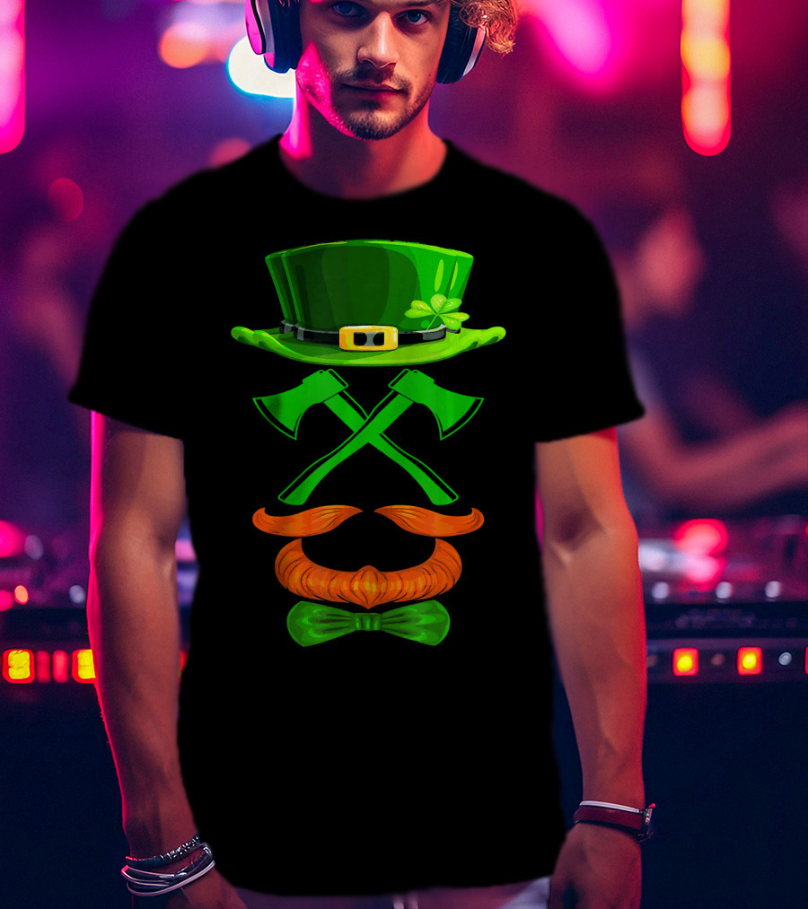 Leprechaun Hat And Crossed Axes With Orange Beard And Bow Tie T-Shirt