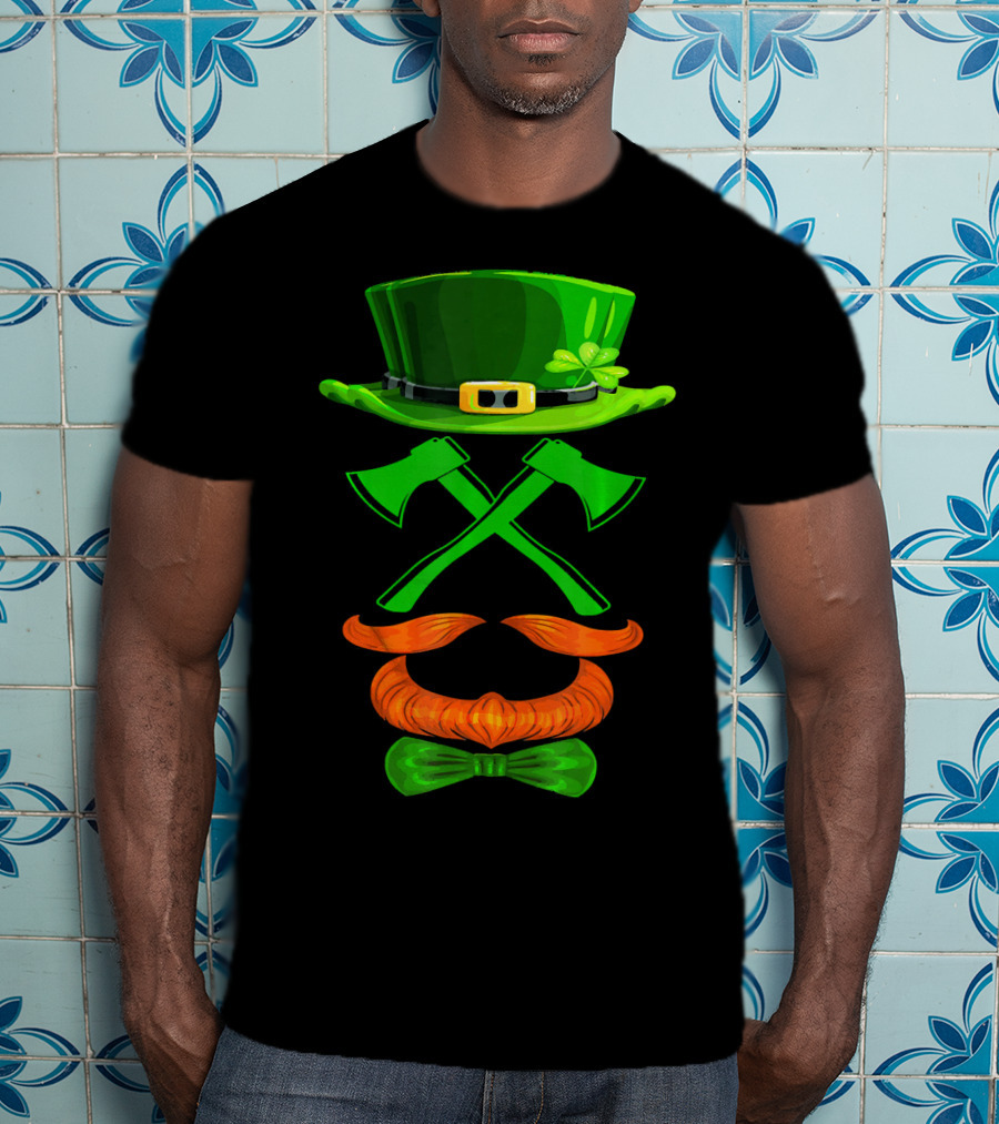 Leprechaun Hat And Crossed Axes With Orange Beard And Bow Tie T-Shirt