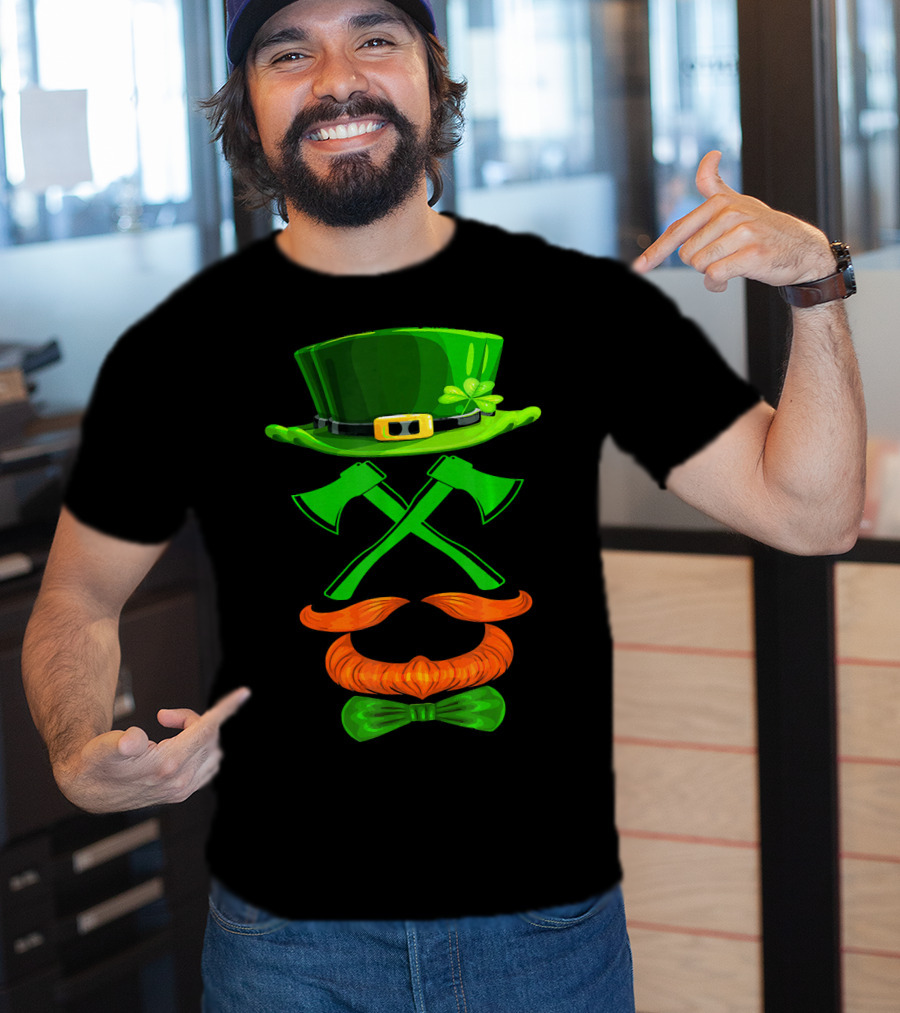 Leprechaun Hat And Crossed Axes With Orange Beard And Bow Tie T-Shirt