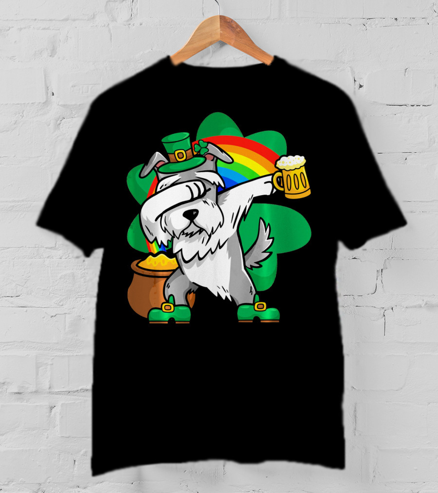 Funny Dabbing Schnauzer Leprechaun With Beer And Rainbow T-Shirt