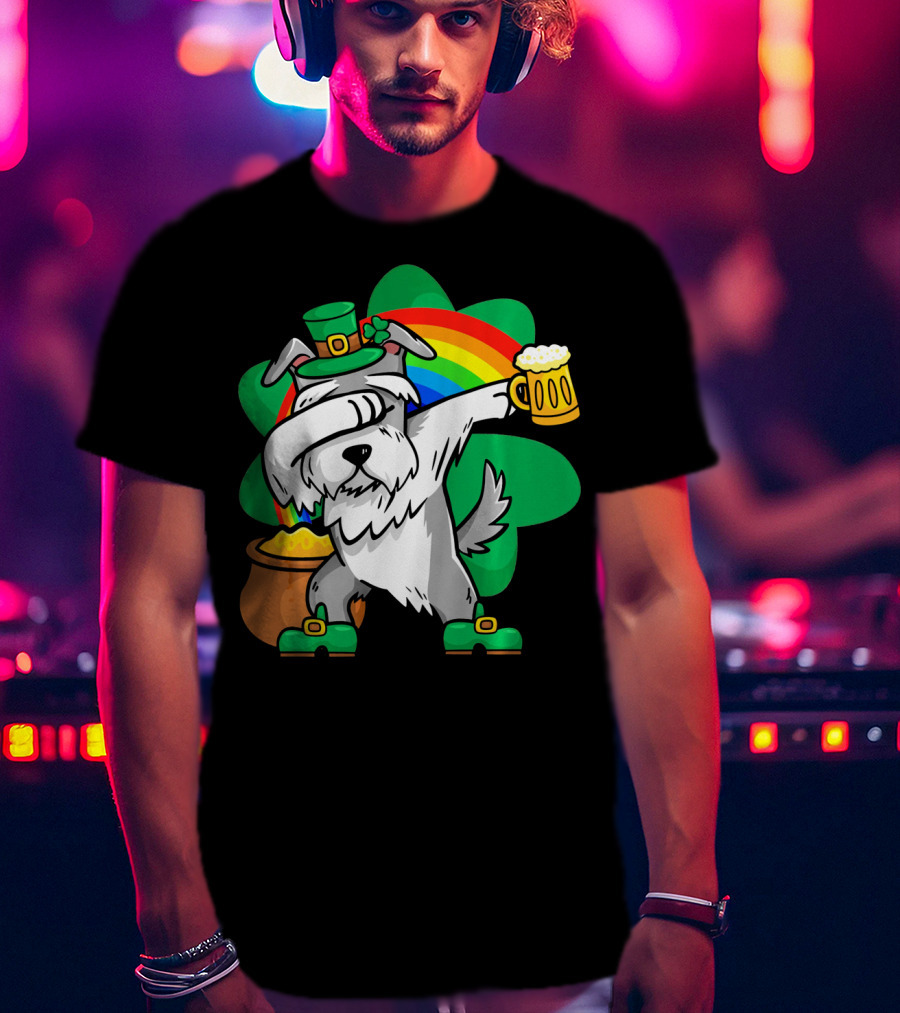 Funny Dabbing Schnauzer Leprechaun With Beer And Rainbow T-Shirt