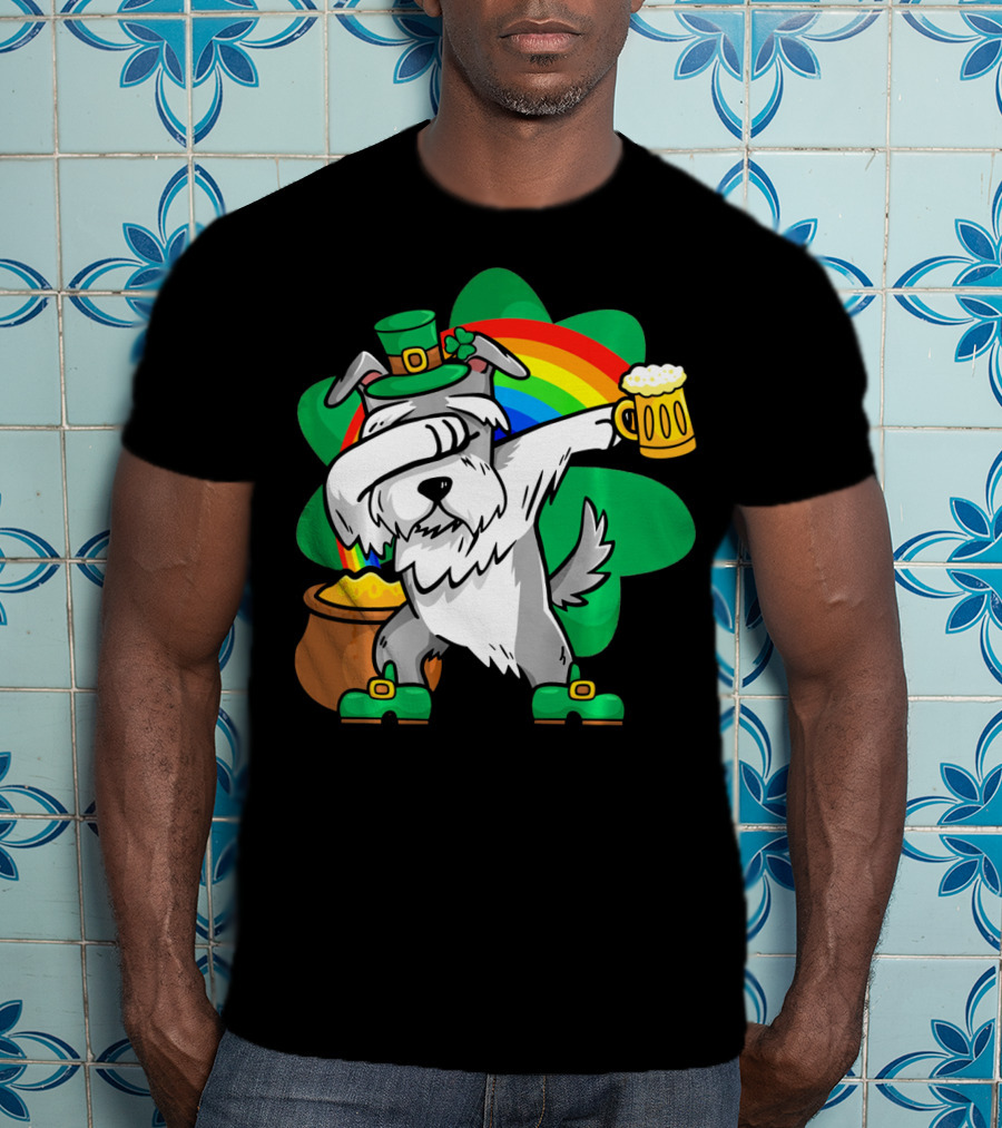 Funny Dabbing Schnauzer Leprechaun With Beer And Rainbow T-Shirt