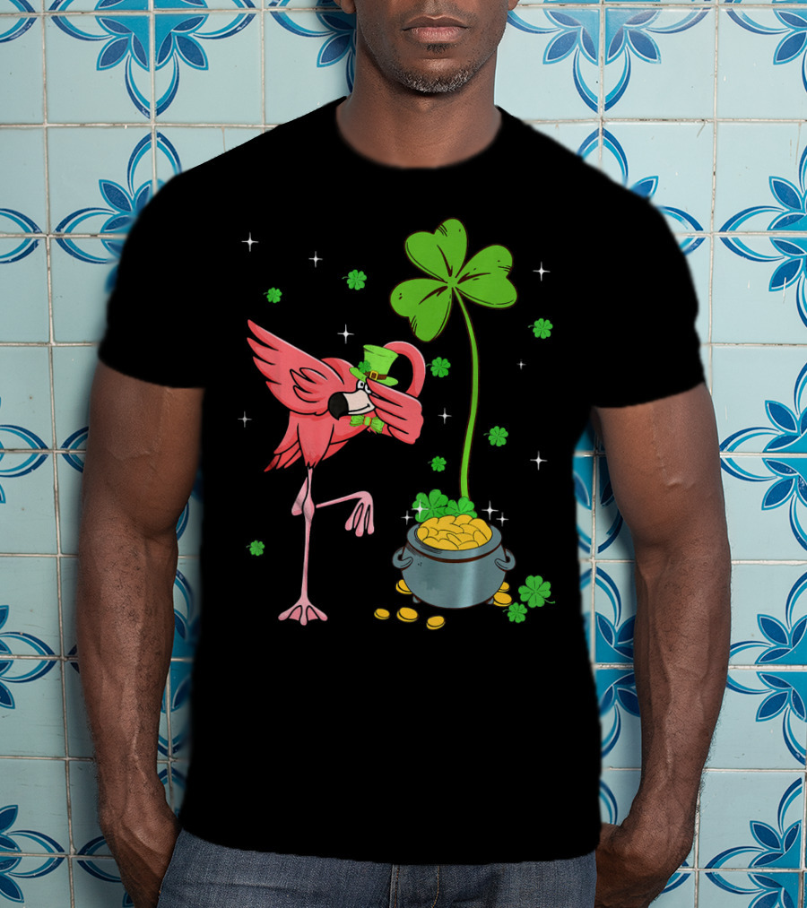Shamrock Leprechaun Flamingo St Patricks Pot Of Gold T-Shirt