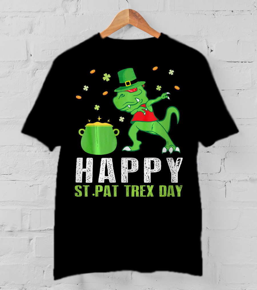 Happy St. Pat T-Rex Day Dinosaur Leprechaun Dabbing Pot Gold T-Shirt