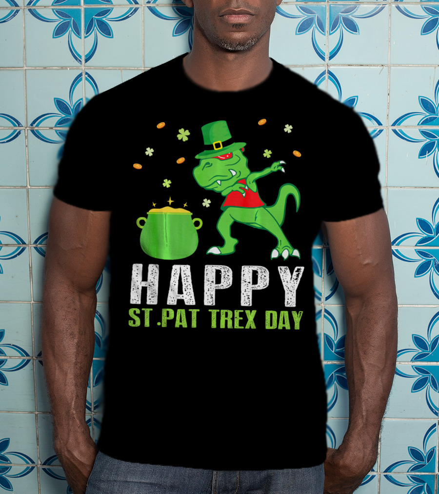 Happy St. Pat T-Rex Day Dinosaur Leprechaun Dabbing Pot Gold T-Shirt