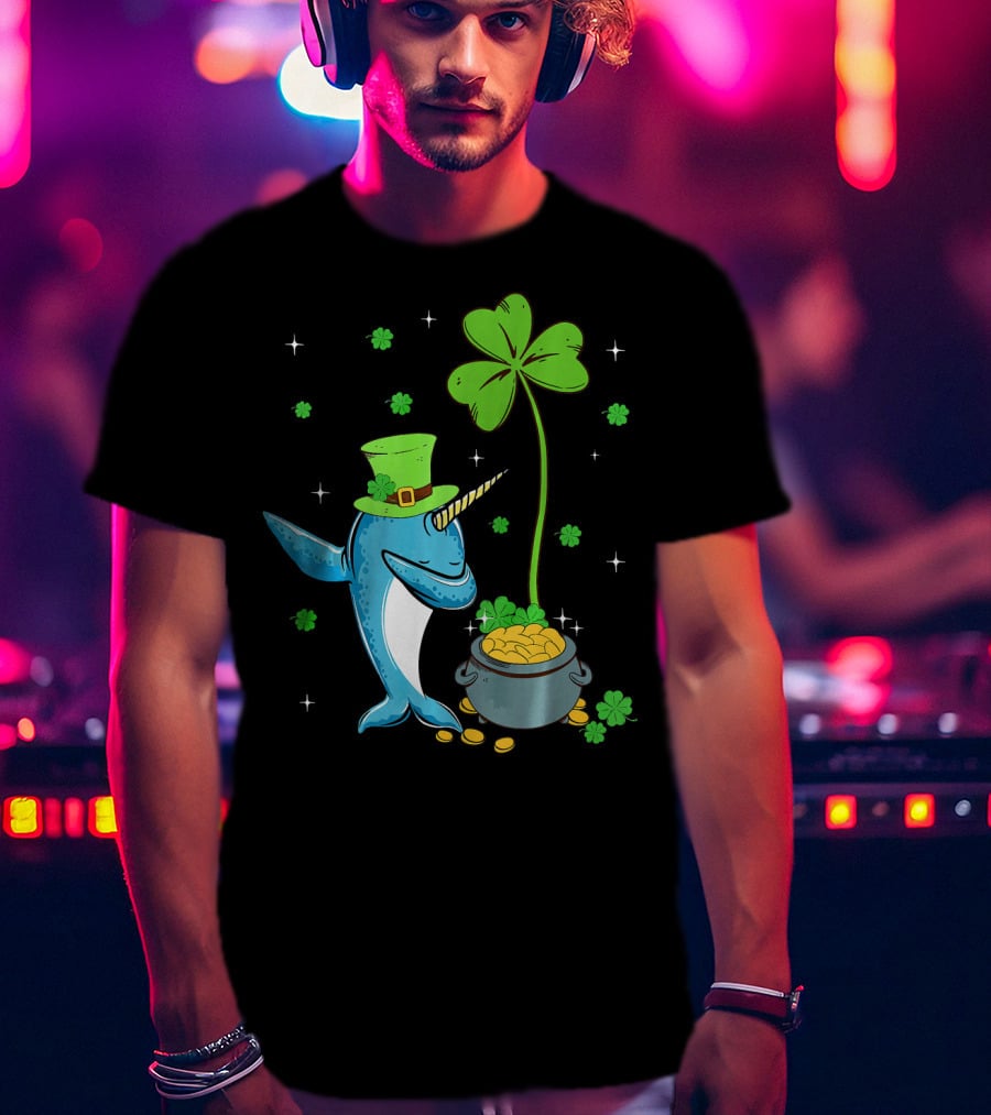 Shamrock Leprechaun Narwhal With Pot Of Gold St Patricks T-Shirt