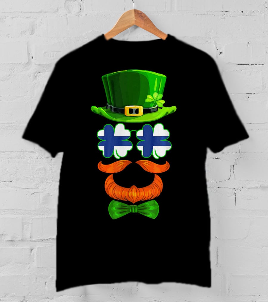 Finland Flag Shamrock Leprechaun Finnish Hat Mustache Bow Tie T-Shirt