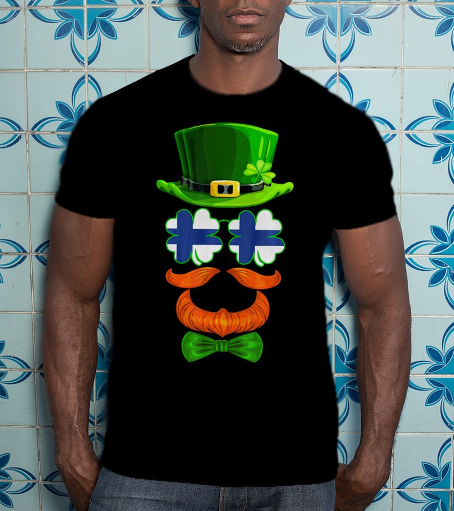 Finland Flag Shamrock Leprechaun Finnish Hat Mustache Bow Tie T-Shirt