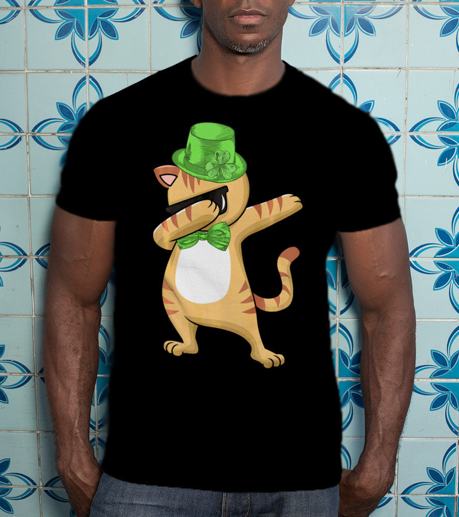 Dabbing Cat St Patricks Day Leprechaun Green Hat Clover Bow Tie T-Shirt