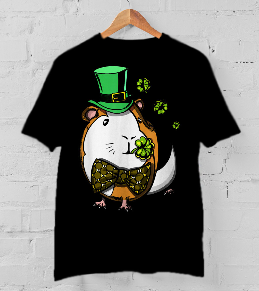 Leprechaun Guinea Pig St Patricks Irish Clover Bow Tie Green Hat T-Shirt