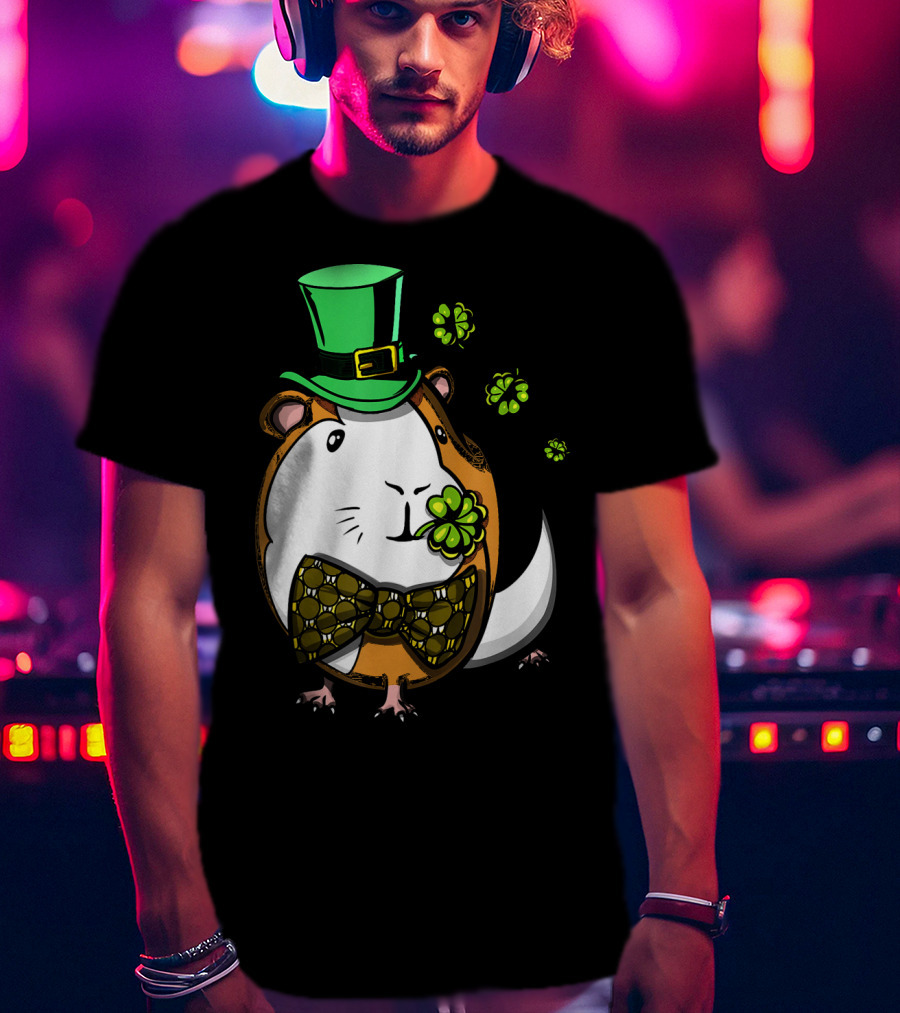 Leprechaun Guinea Pig St Patricks Irish Clover Bow Tie Green Hat T-Shirt