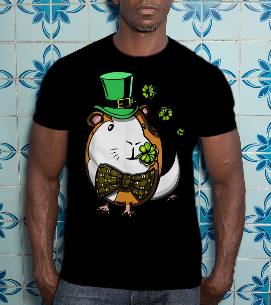 Leprechaun Guinea Pig St Patricks Irish Clover Bow Tie Green Hat T-Shirt