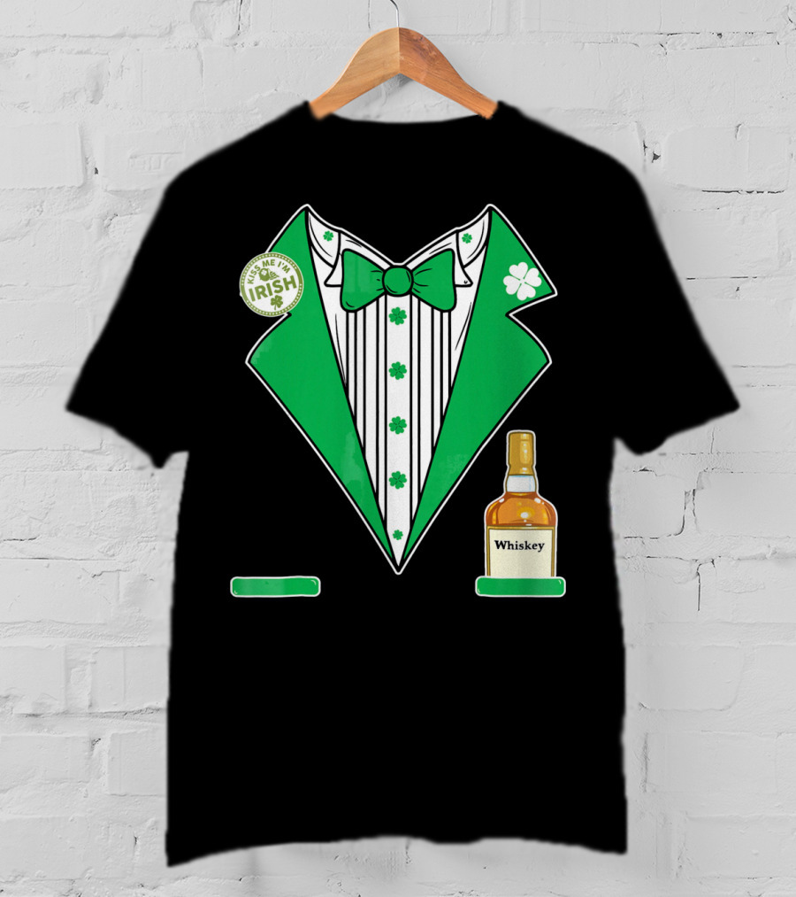 Kiss Me I'm Irish St. Patrick's Day Tuxedo With Whiskey Bottle And Shamrock T-Shirt