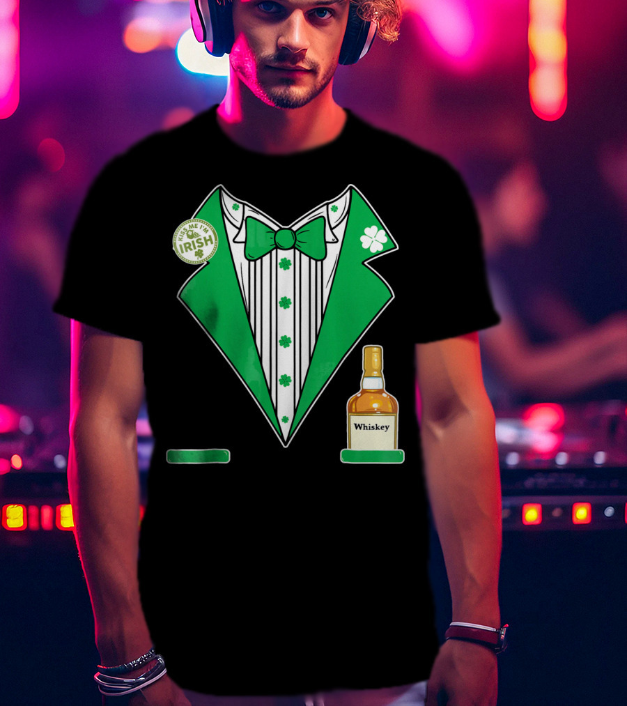 Kiss Me I'm Irish St. Patrick's Day Tuxedo With Whiskey Bottle And Shamrock T-Shirt