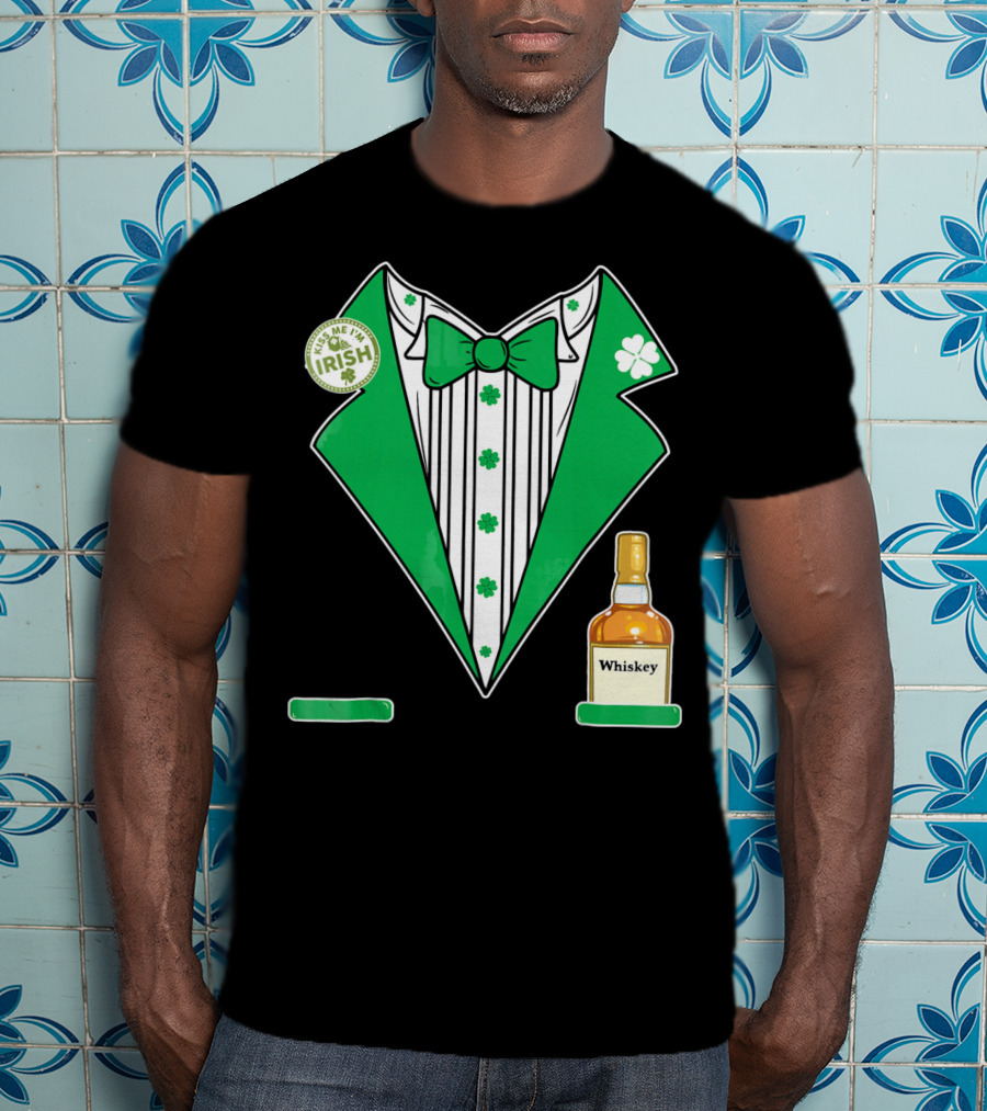 Kiss Me I'm Irish St. Patrick's Day Tuxedo With Whiskey Bottle And Shamrock T-Shirt