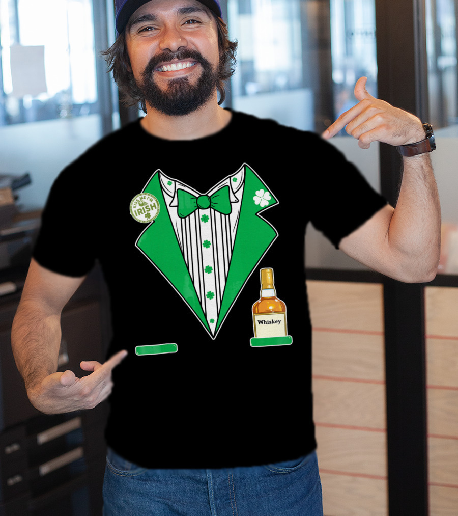 Kiss Me I'm Irish St. Patrick's Day Tuxedo With Whiskey Bottle And Shamrock T-Shirt