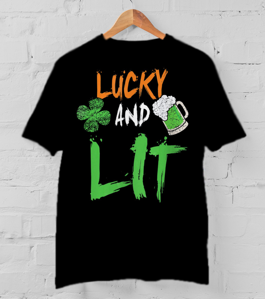 Lucky And Lit Irish Flag Shamrock Beer St. Patrick's Day T-Shirt