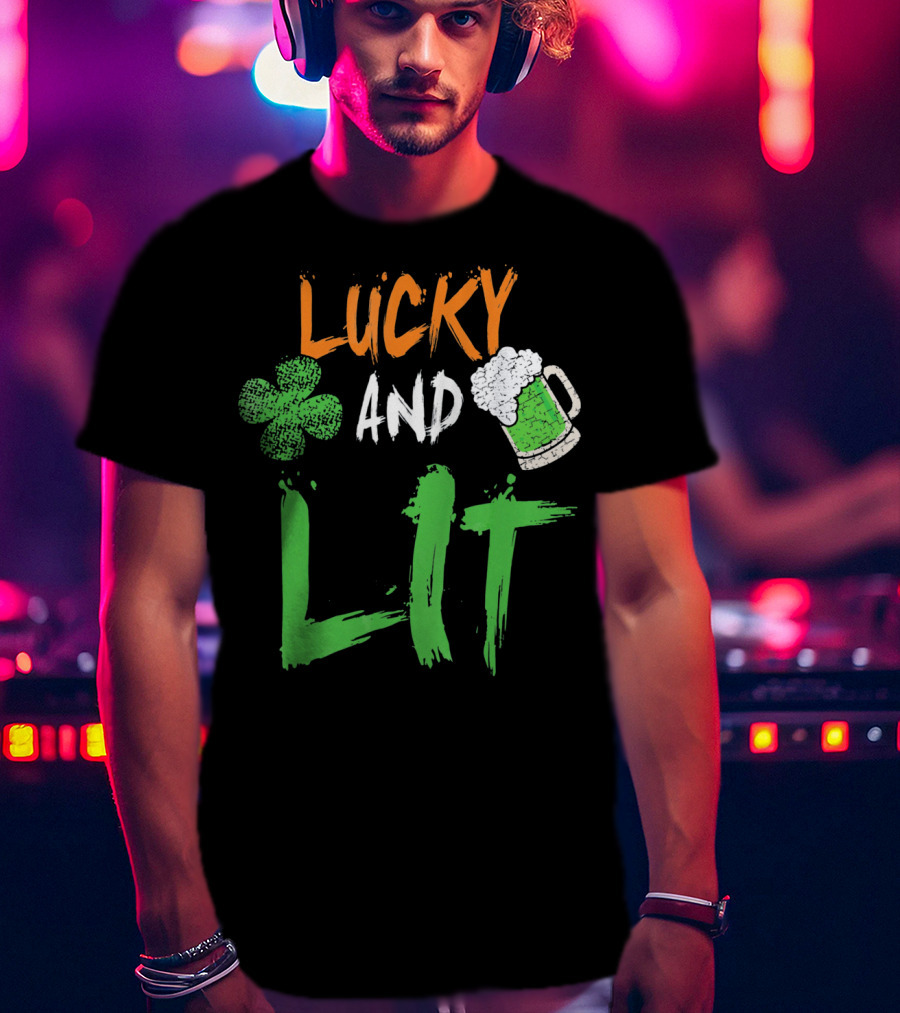 Lucky And Lit Irish Flag Shamrock Beer St. Patrick's Day T-Shirt