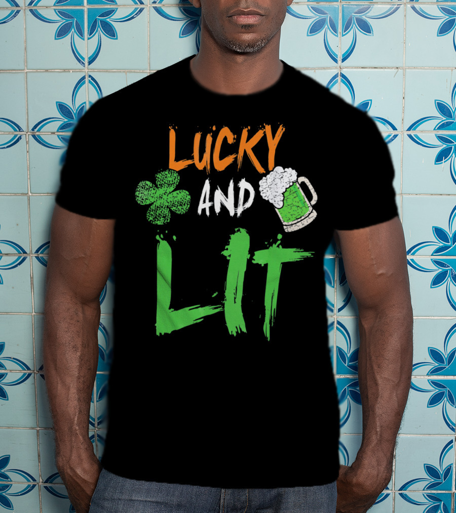 Lucky And Lit Irish Flag Shamrock Beer St. Patrick's Day T-Shirt