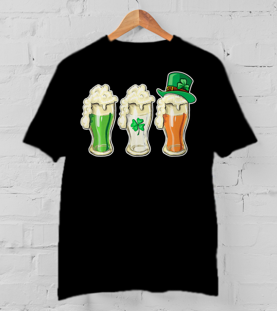 Irish Flag Beer Glasses With Shamrock And Leprechaun Hat T-Shirt