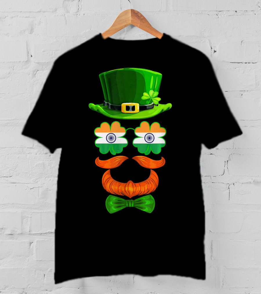 India Flag Shamrock Leprechaun Green Hat Orange Mustache Bow Tie T-Shirt