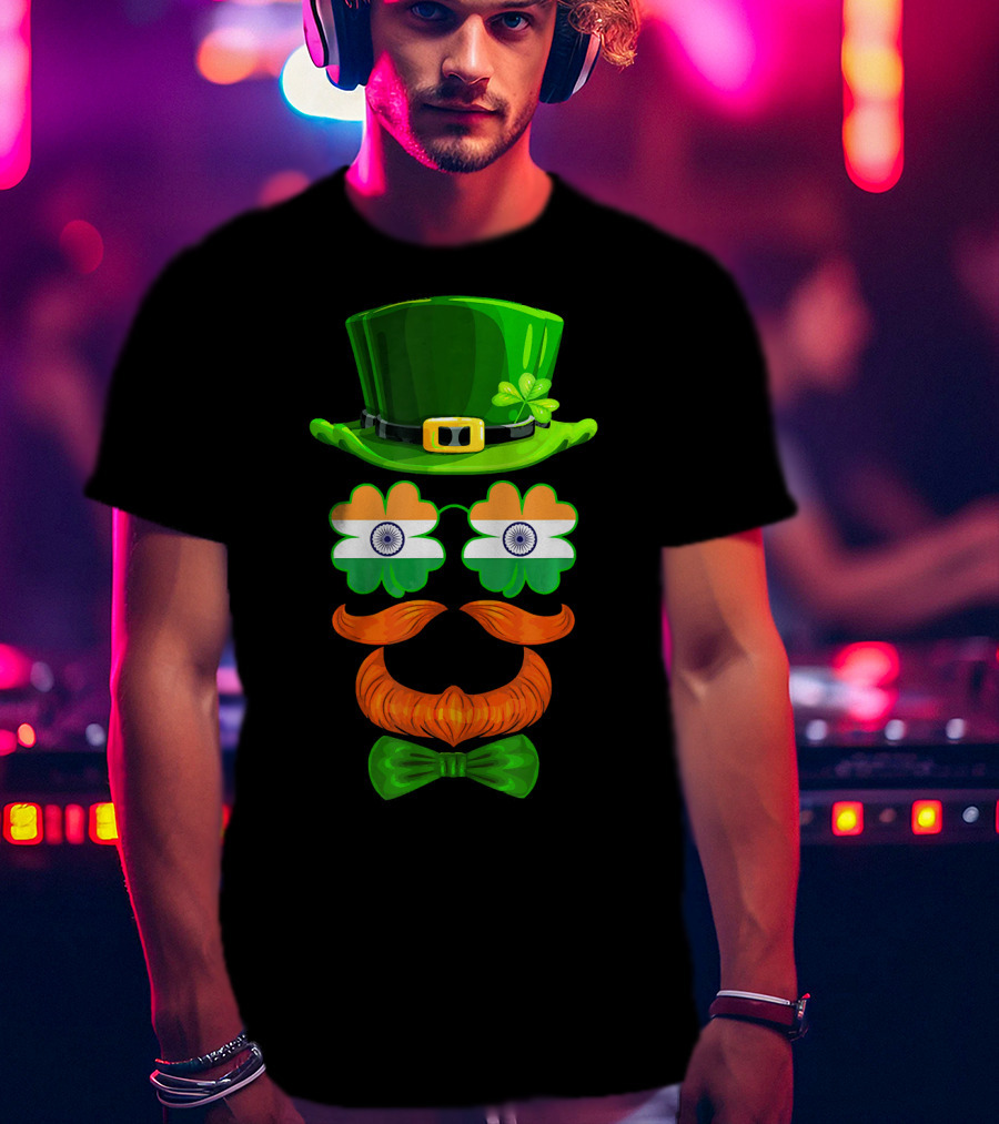 India Flag Shamrock Leprechaun Green Hat Orange Mustache Bow Tie T-Shirt
