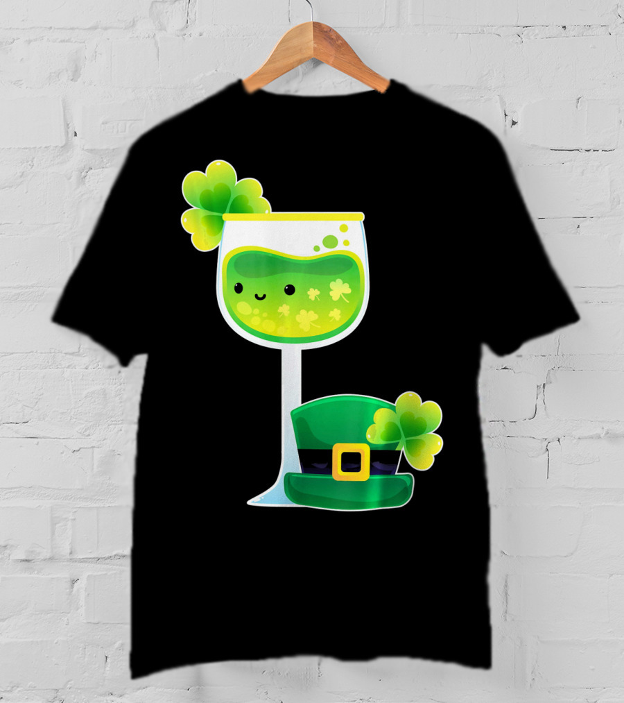 Saint Patrick's Day Green Shamrock Wine Glass With Leprechaun Hat T-Shirt