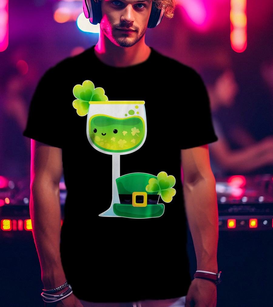 Saint Patrick's Day Green Shamrock Wine Glass With Leprechaun Hat T-Shirt