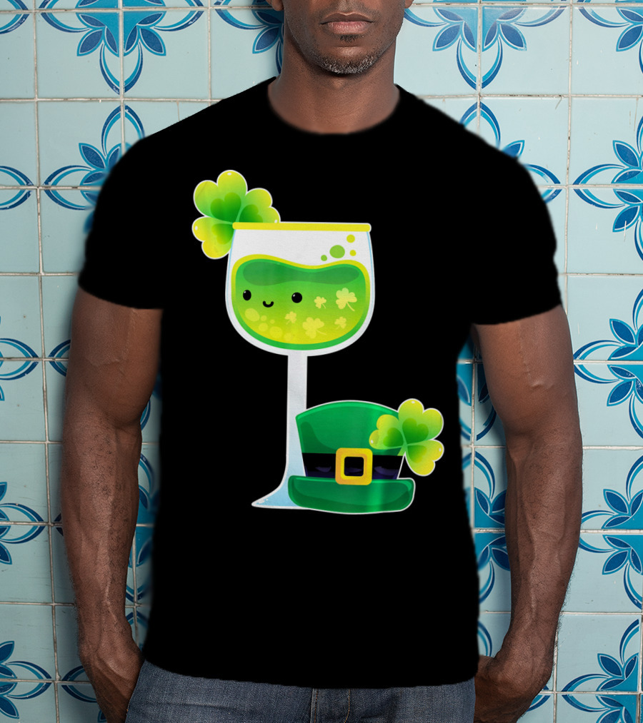 Saint Patrick's Day Green Shamrock Wine Glass With Leprechaun Hat T-Shirt