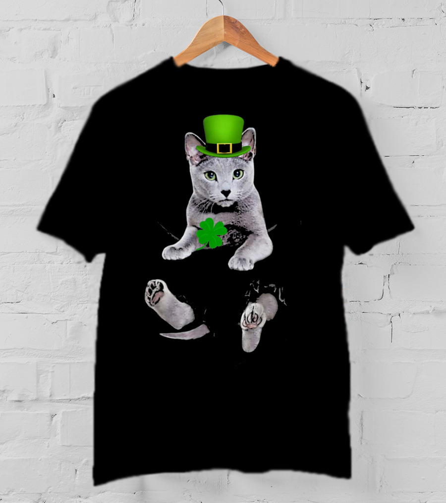 St Patricks Day Russian Blue Cat With Shamrock And Green Hat T-Shirt