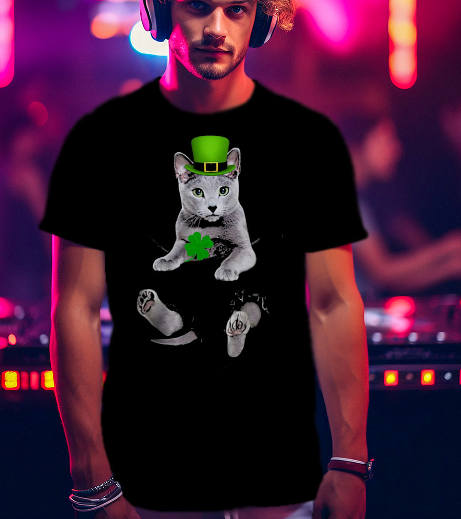 St Patricks Day Russian Blue Cat With Shamrock And Green Hat T-Shirt