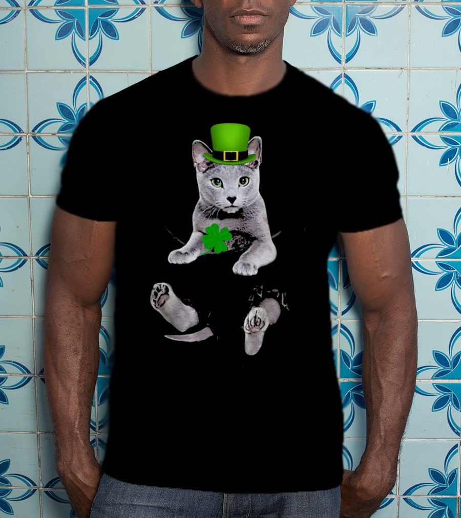 St Patricks Day Russian Blue Cat With Shamrock And Green Hat T-Shirt