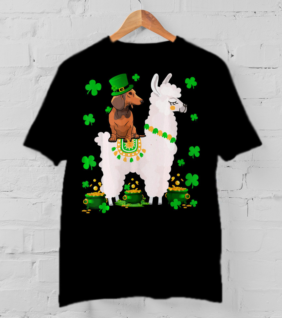 Leprechaun Dachshund Riding Llama Shamrocks Pots Of Gold T-Shirt