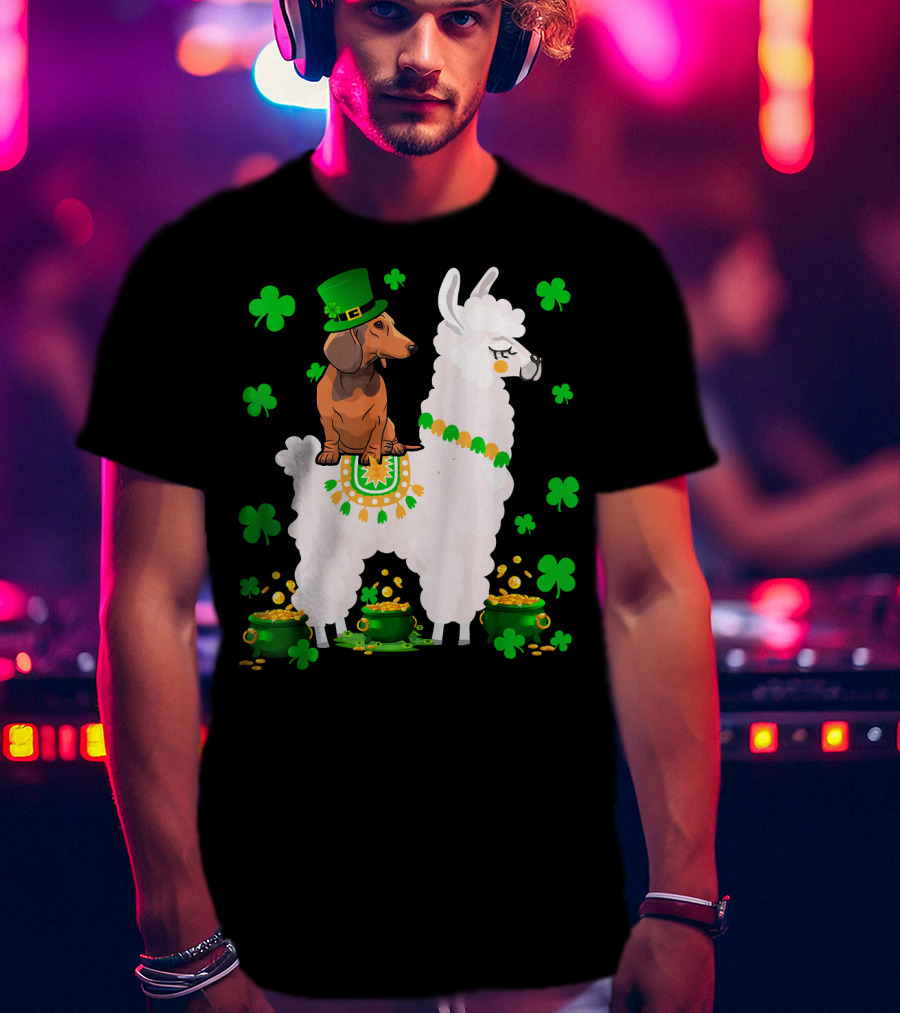 Leprechaun Dachshund Riding Llama Shamrocks Pots Of Gold T-Shirt