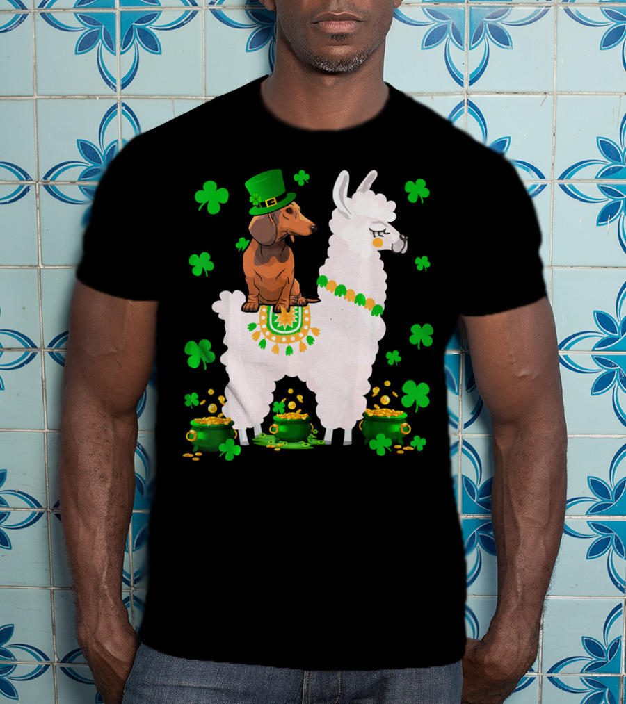 Leprechaun Dachshund Riding Llama Shamrocks Pots Of Gold T-Shirt