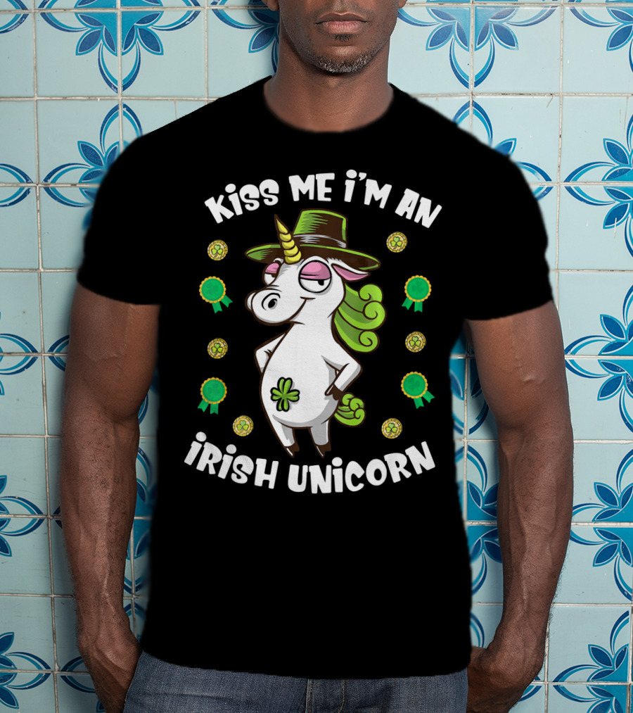 Kiss Me I'm An Irish Unicorn Shamrocks And Gold T-Shirt