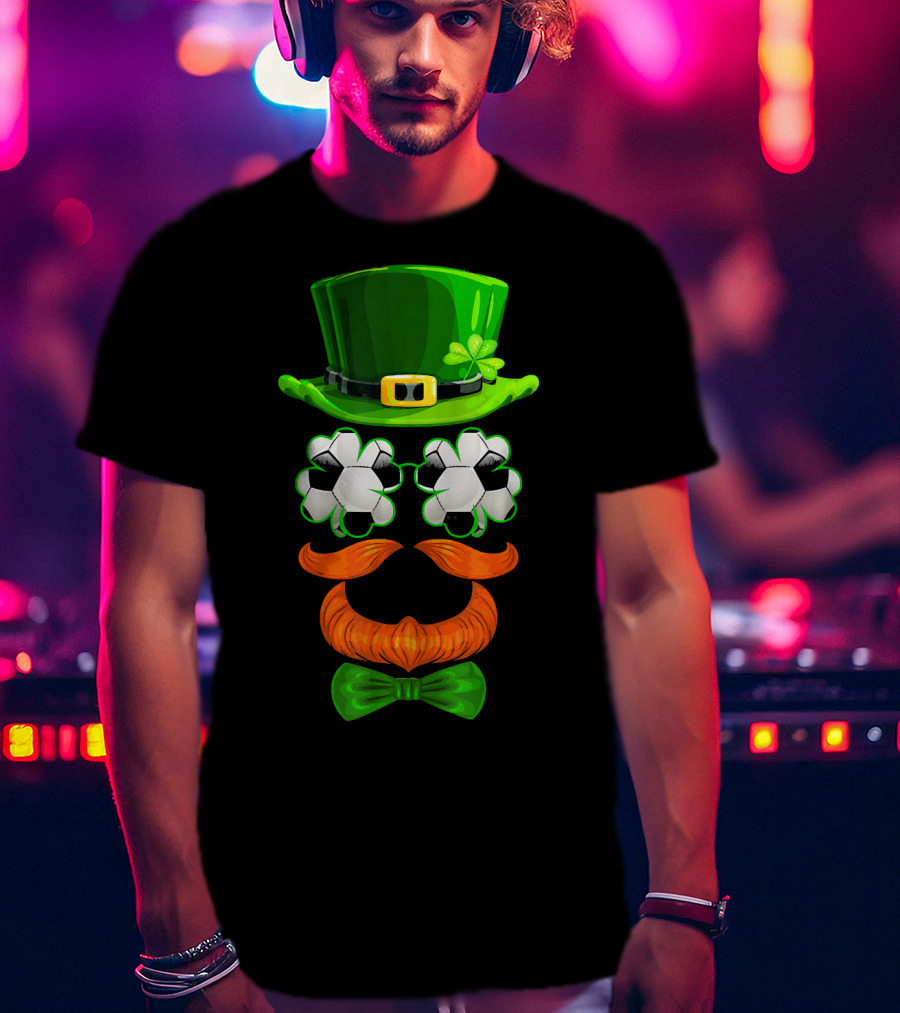 Leprechaun Hat With Soccer Ball Shamrock Glasses And Clover Bowtie T-Shirt