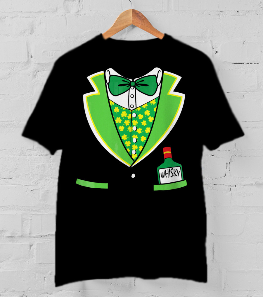 St Patricks Day Tuxedo Costume With Shamrock Vest And Whisky Flask T-Shirt