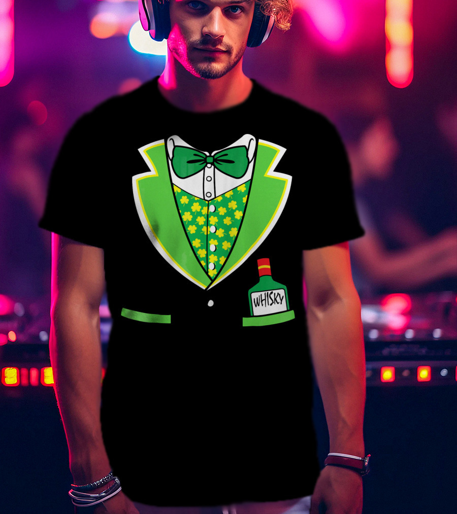 St Patricks Day Tuxedo Costume With Shamrock Vest And Whisky Flask T-Shirt