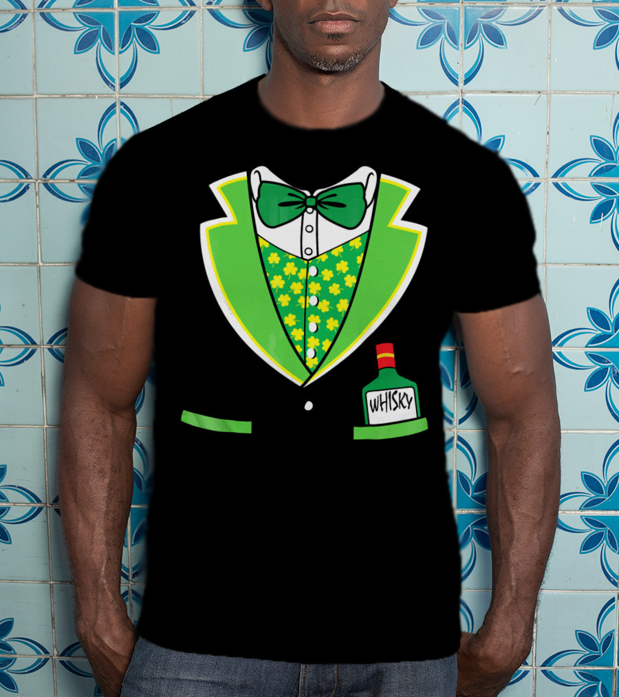 St Patricks Day Tuxedo Costume With Shamrock Vest And Whisky Flask T-Shirt