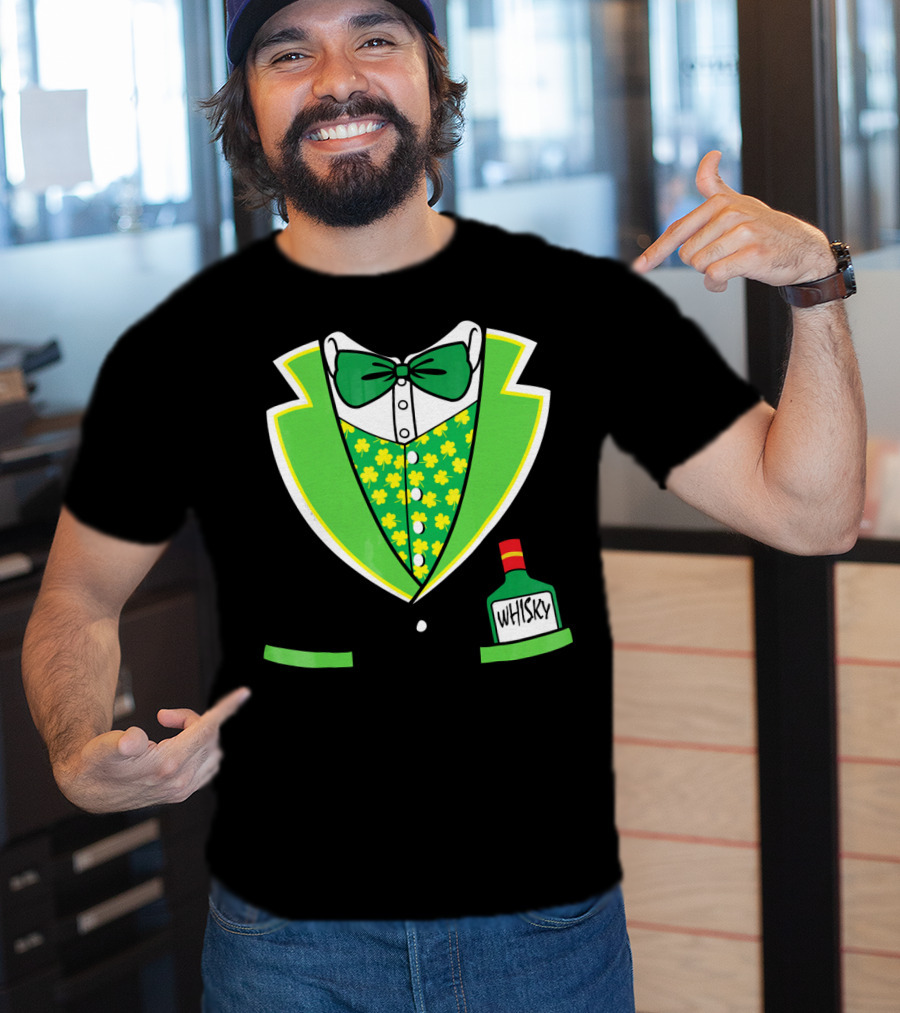 St Patricks Day Tuxedo Costume With Shamrock Vest And Whisky Flask T-Shirt