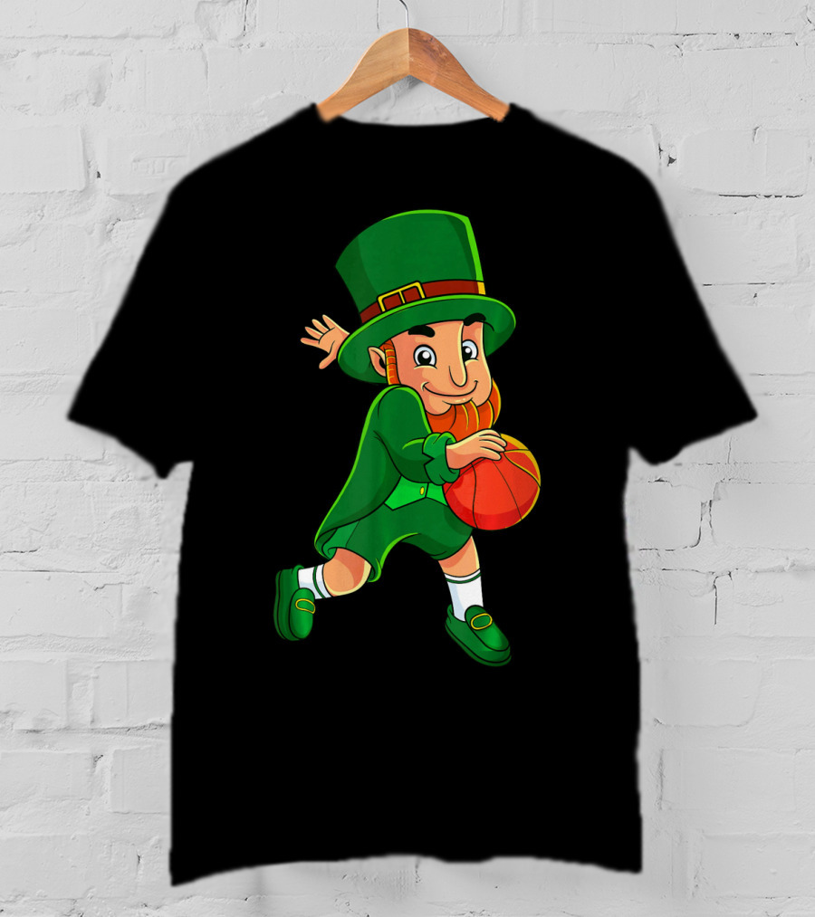 Leprechaun Basketball St Patricks Day Character In Green Outfit With Orange Ball T-Shirt
