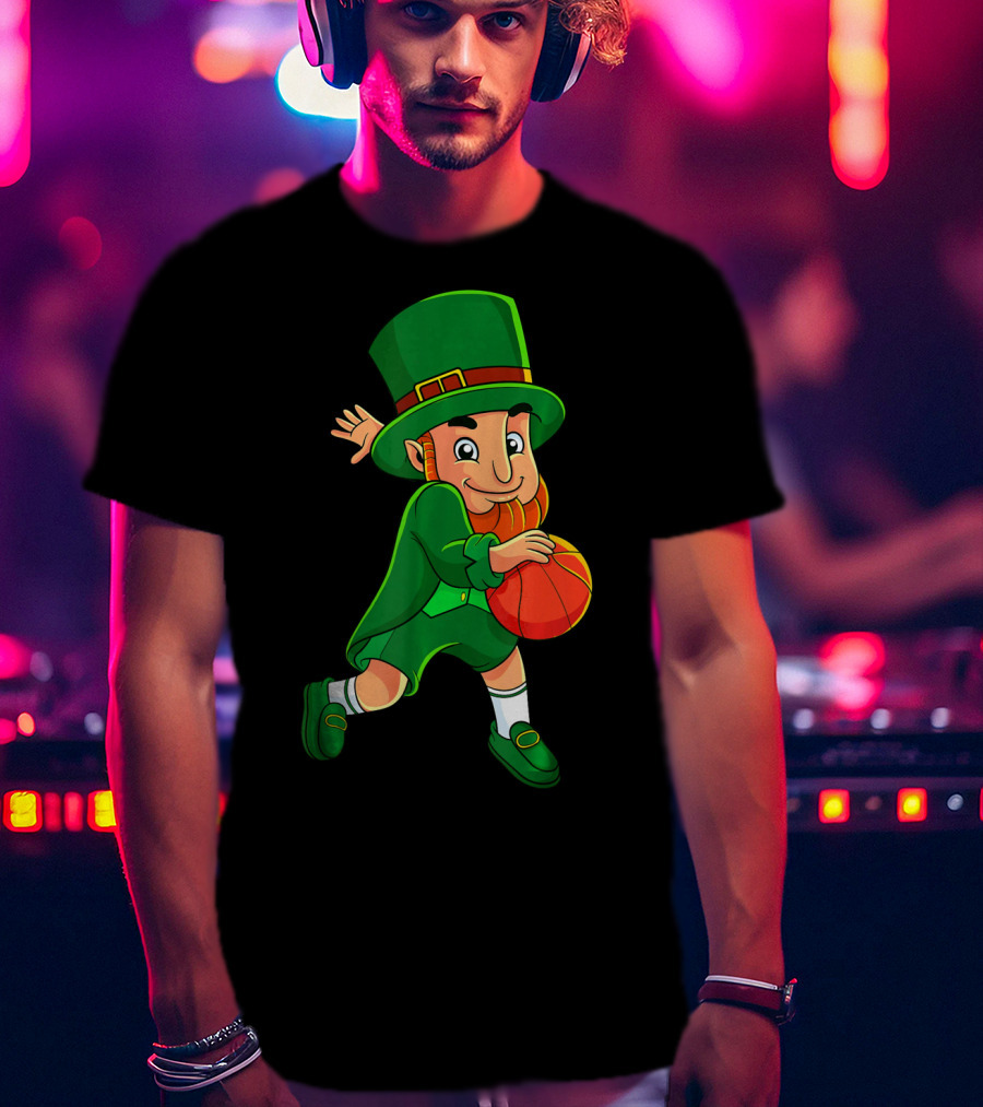 Leprechaun Basketball St Patricks Day Character In Green Outfit With Orange Ball T-Shirt