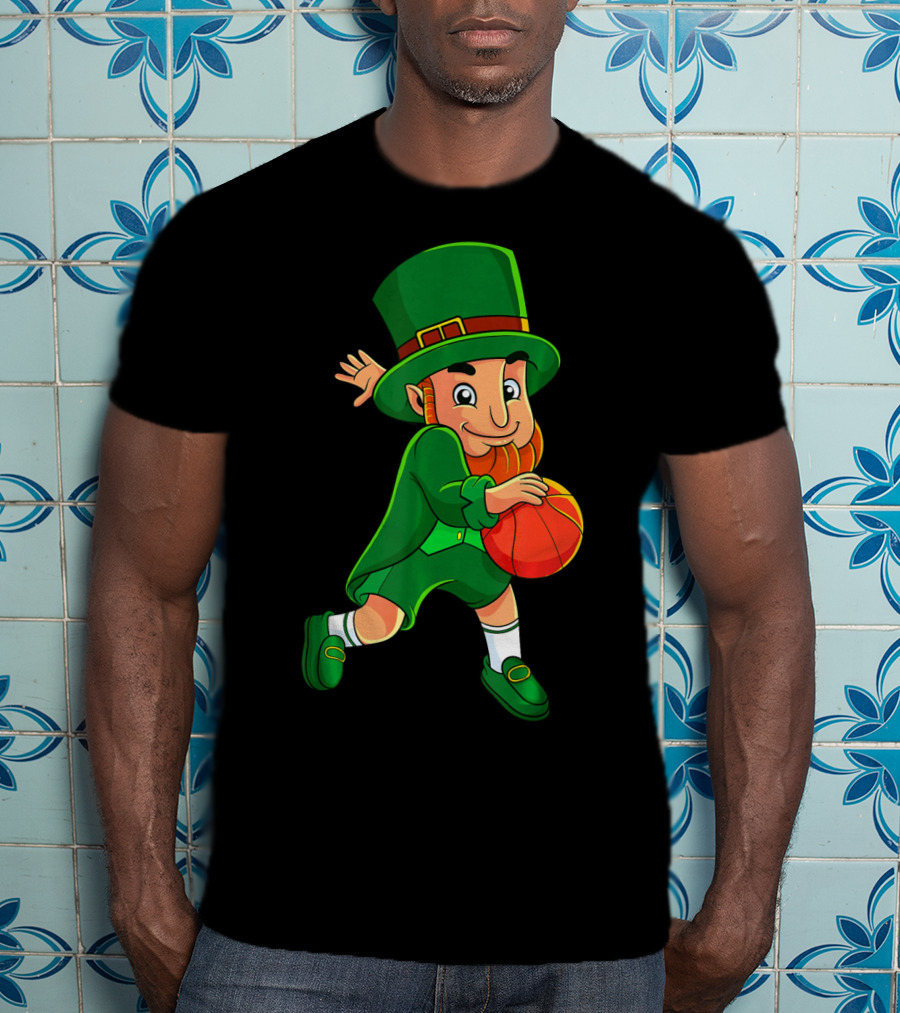 Leprechaun Basketball St Patricks Day Character In Green Outfit With Orange Ball T-Shirt