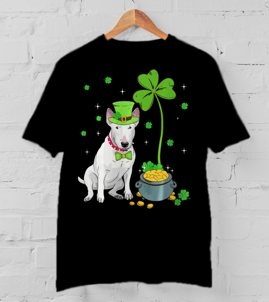 Shamrock Leprechaun Bull Terrier Pot Of Gold And Clover T-Shirt