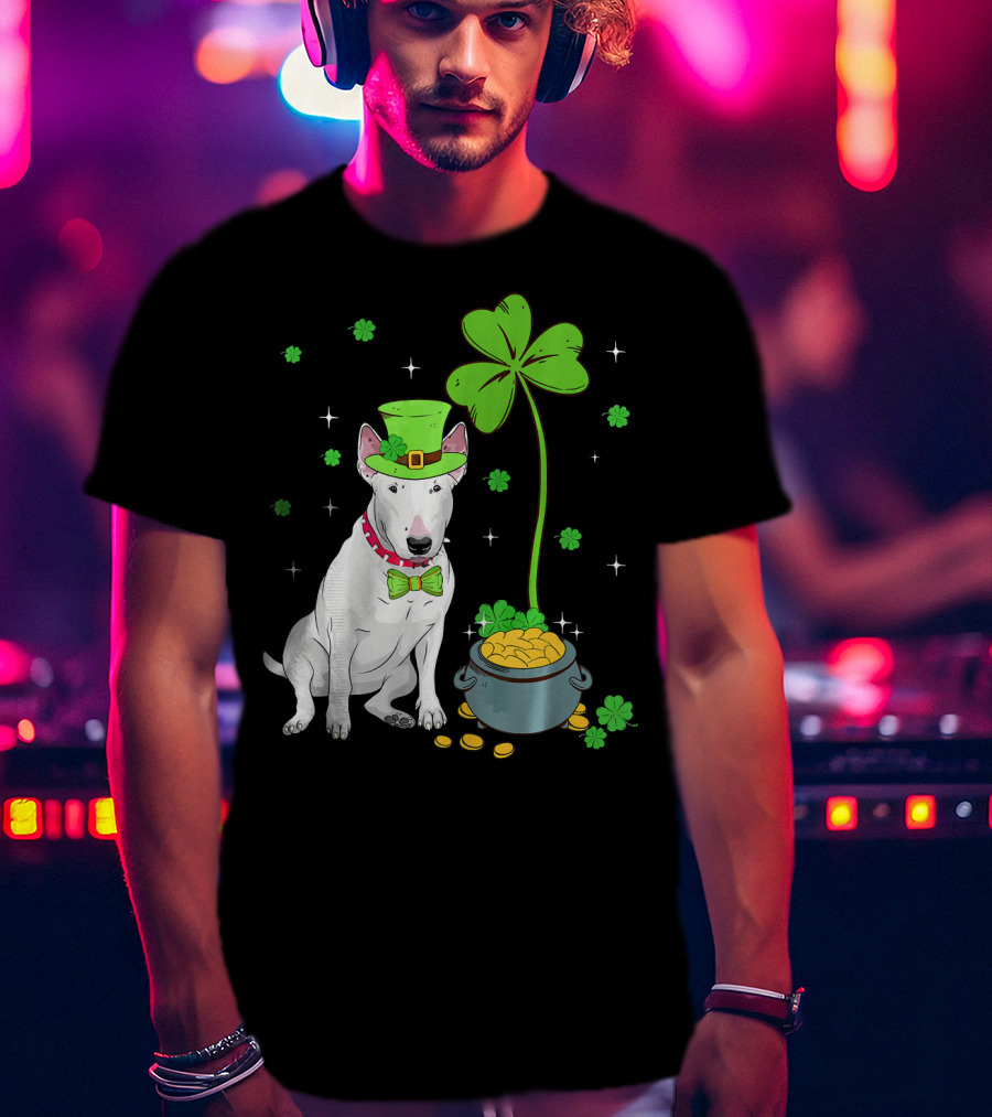 Shamrock Leprechaun Bull Terrier Pot Of Gold And Clover T-Shirt