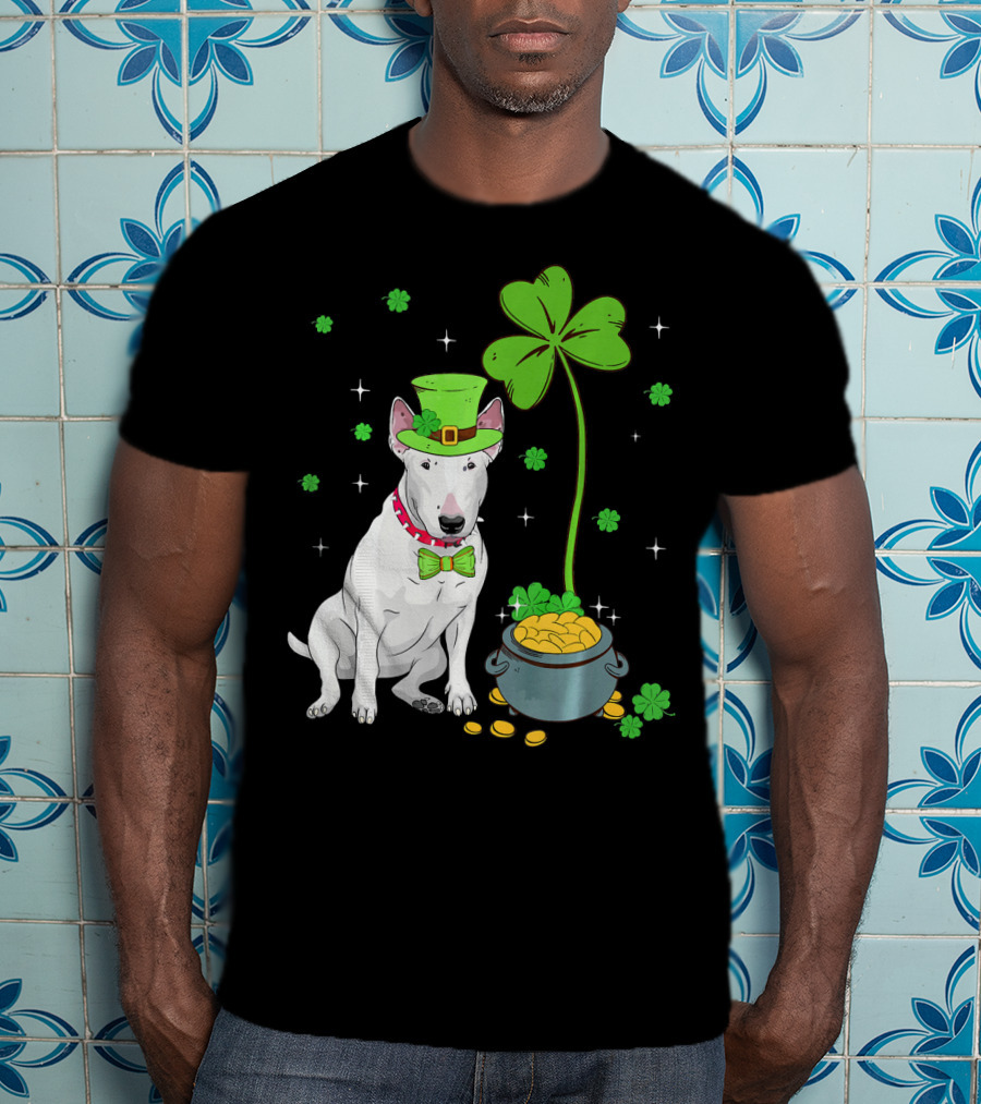 Shamrock Leprechaun Bull Terrier Pot Of Gold And Clover T-Shirt